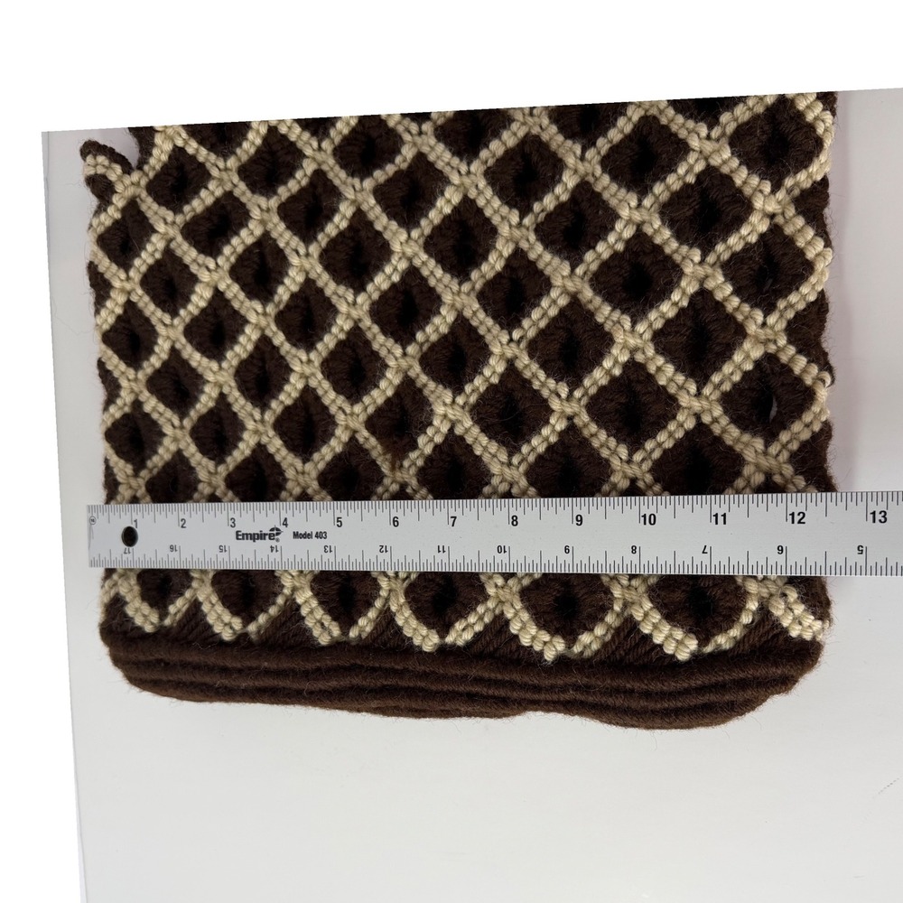 Vintage 70s Wool Handbag Brown Cream Diamond Pattern Tortoiseshell Handle Bag - Picture 8 of 10